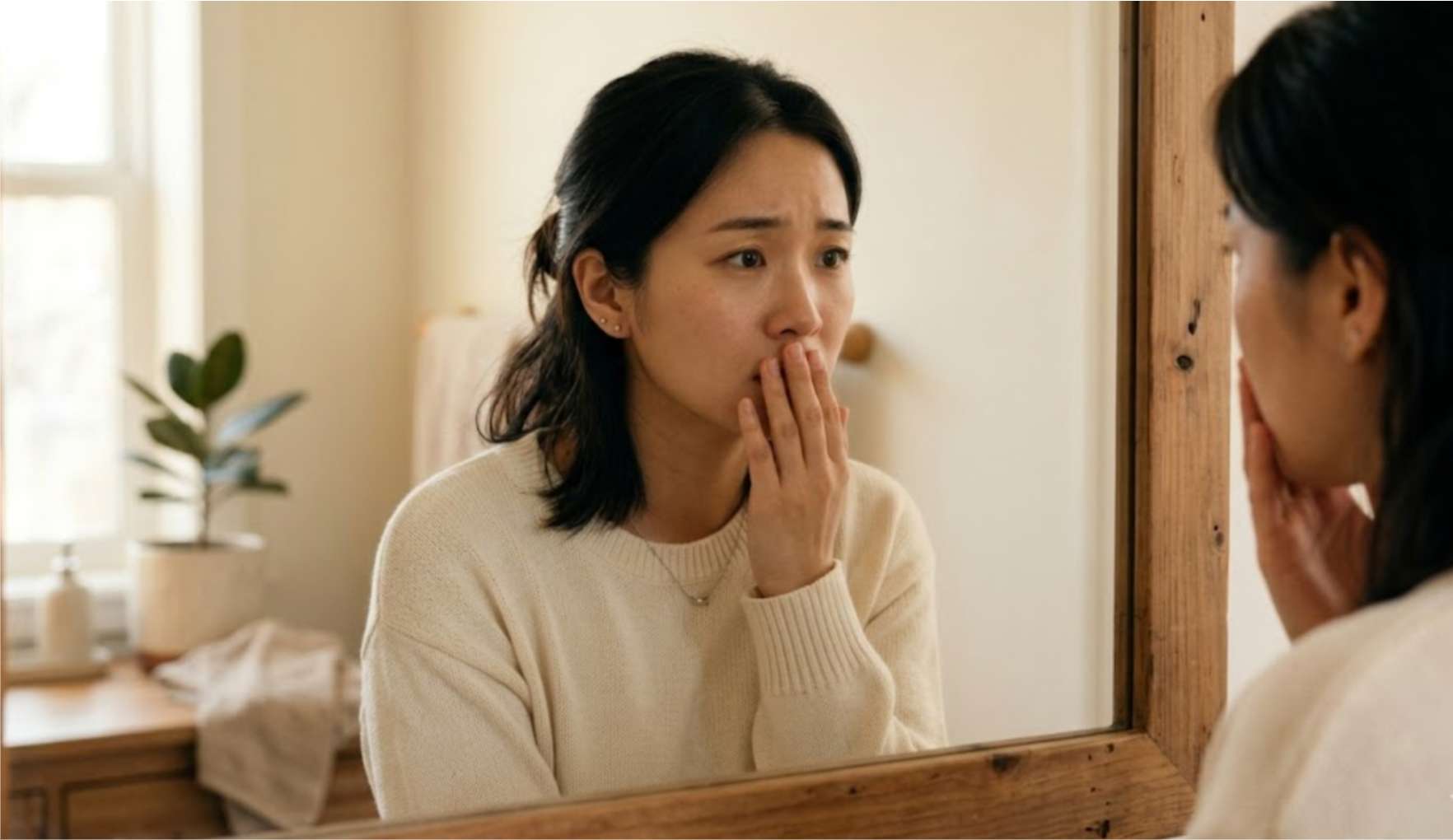 앞니 콤플렉스로 입을 가리고 웃는 여성