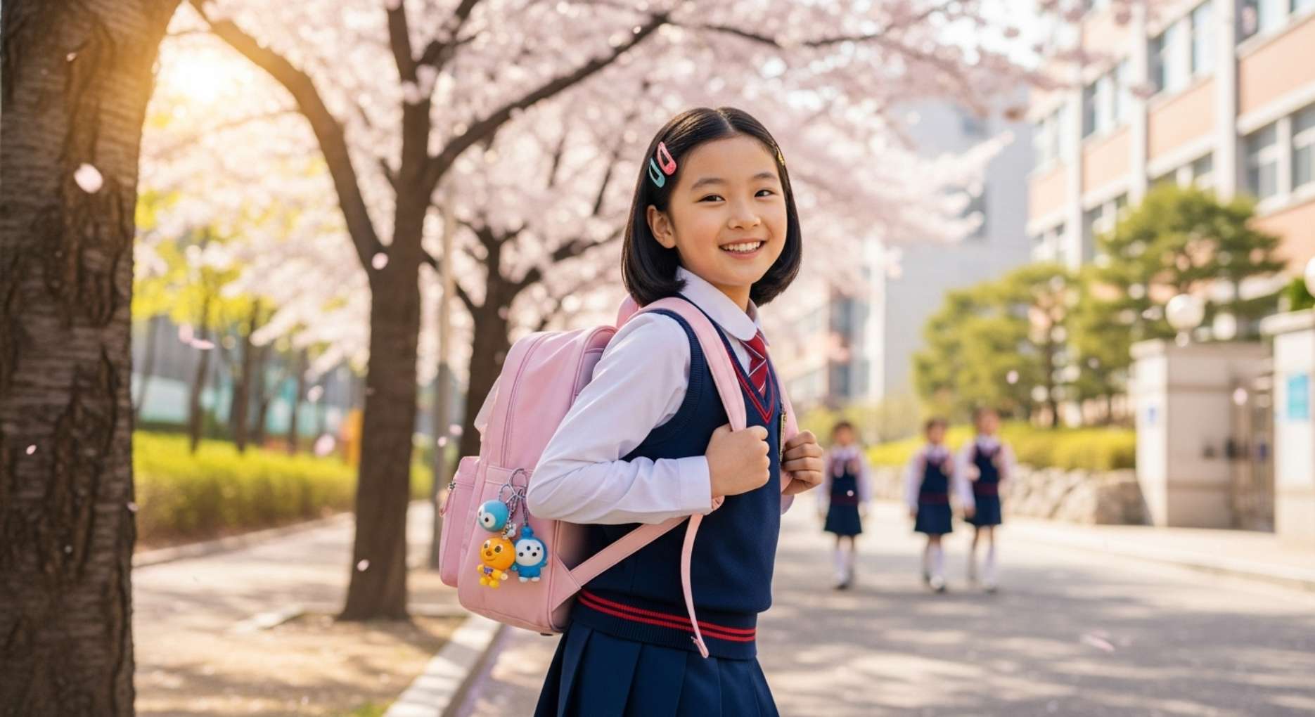 유치관리5 충치 치료를 마치고 건강한 치아로 새 학기 등교를 하는 초등학생