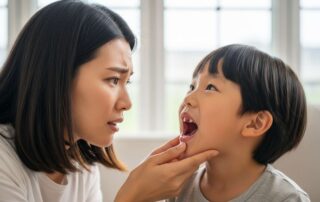 아이의 유치 충치나 빠진 치아를 확인하며 걱정하는 울산 학부모