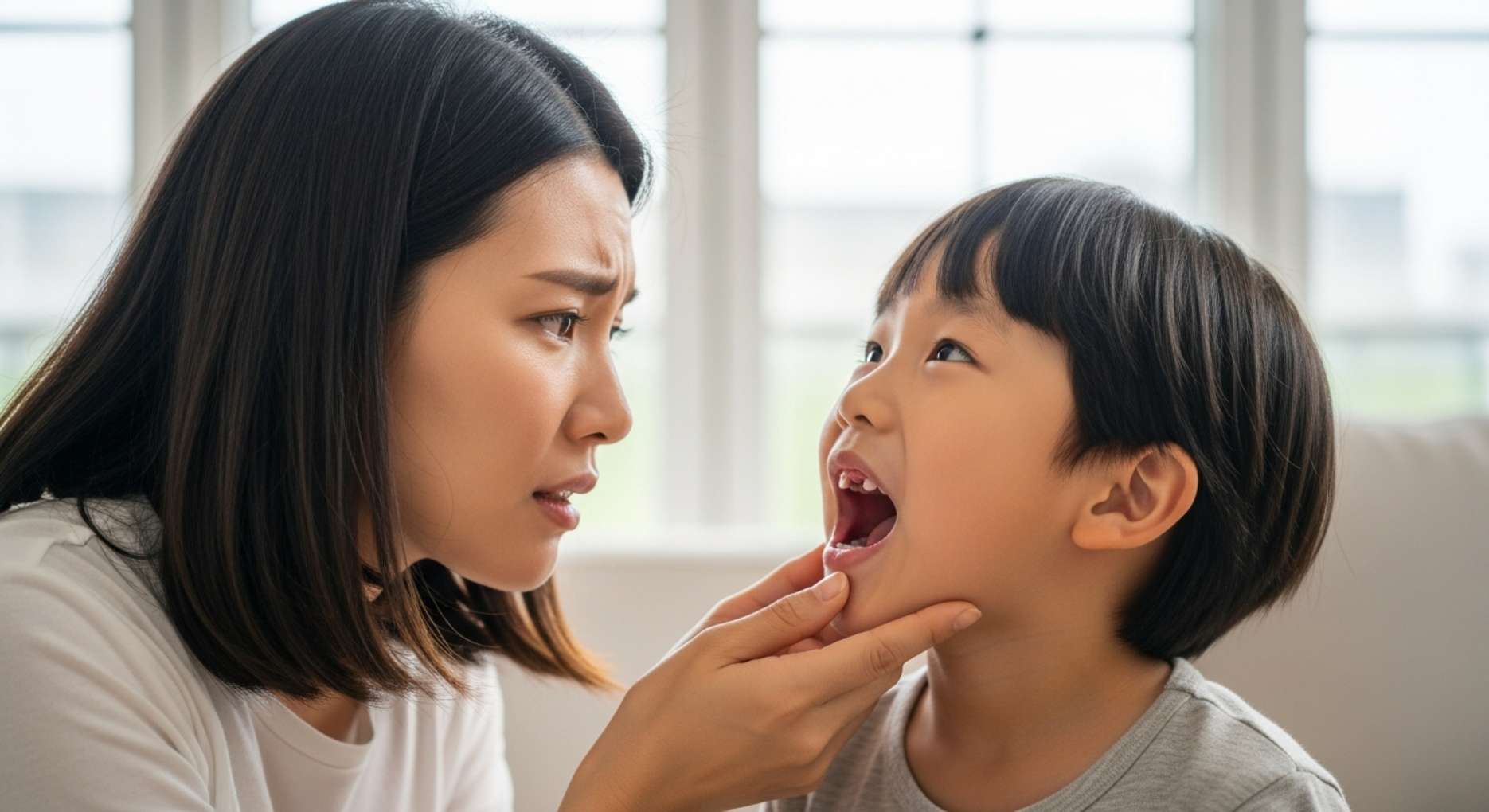 아이의 유치 충치나 빠진 치아를 확인하며 걱정하는 울산 학부모