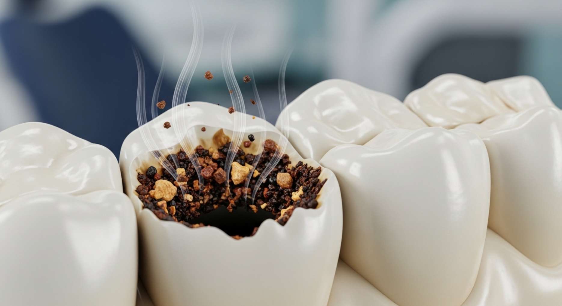 열린 임플란트 구멍으로 음식물이 들어가 부패하고 냄새가 나는 상황