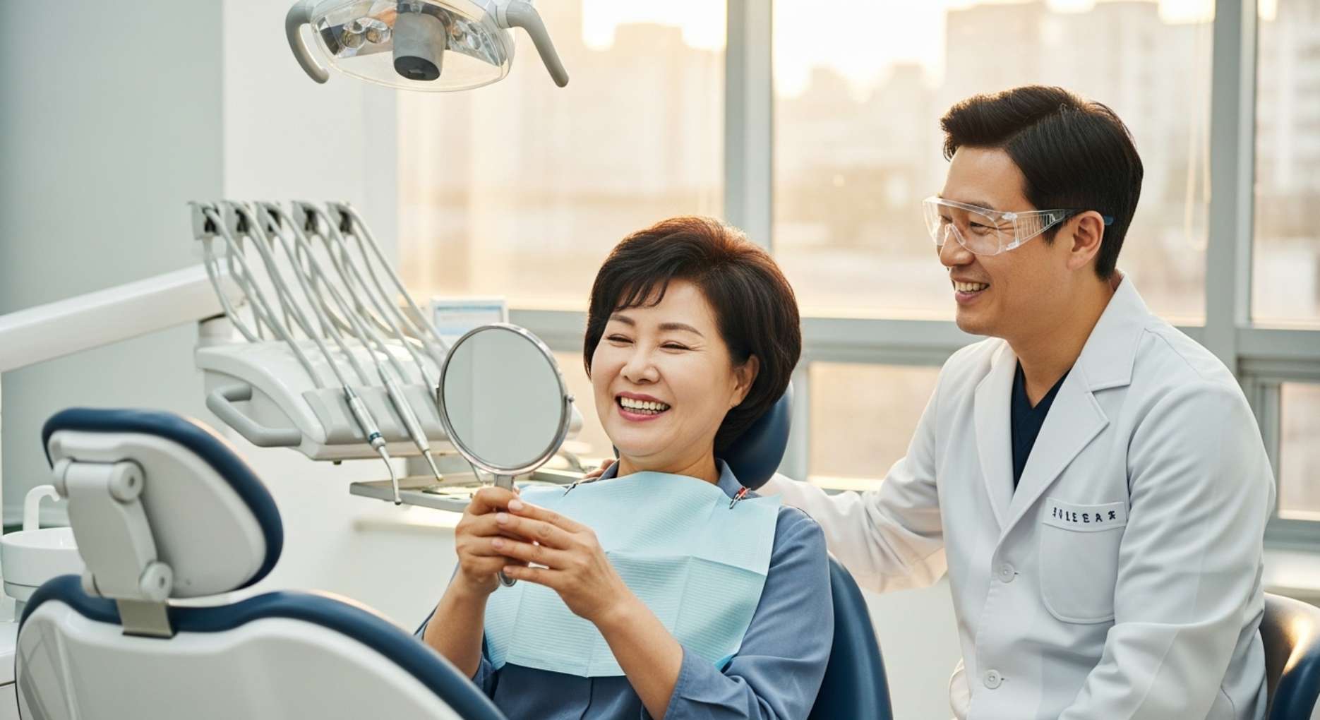 간단한 AS 후 임플란트가 멀쩡하다는 사실에 안도하는 환자의 모습