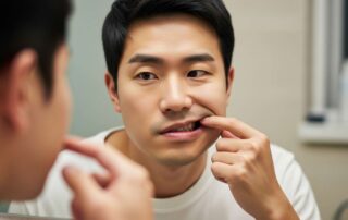 거울을 통해 임플란트 부위를 차분하게 점검해보는 환자의 모습