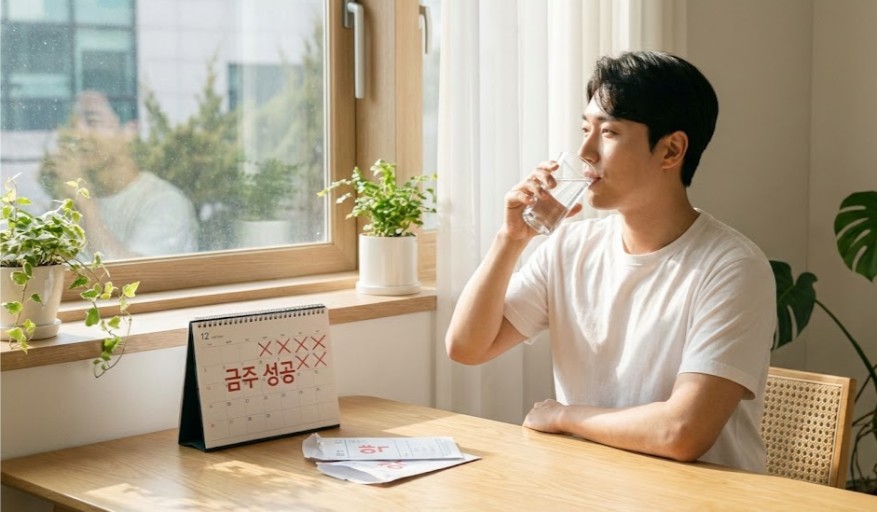 원칙을 지킨 후의 상쾌함 약 복용이 끝난 후 며칠 뒤, 안심하고 물을 마시는 모습