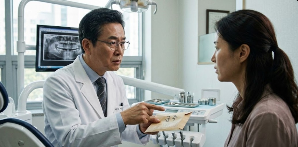 치료의 마지막 단계, 올바른 복약 지도 치료 후 약을 건네며 주의사항을 설명하는 치과의사