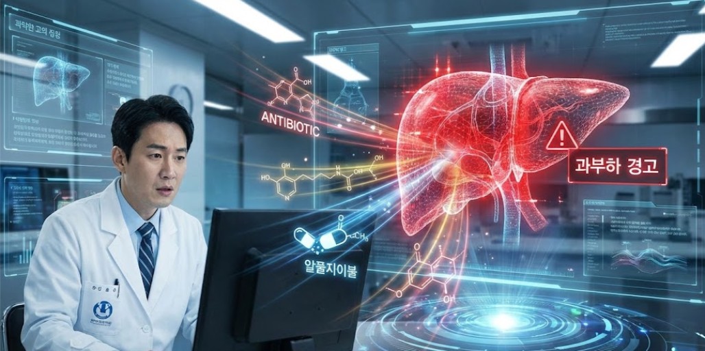 간을 공격하는 항생제와 알코올 간(Liver)에 과부하가 걸리는 것을 상징적으로 표현