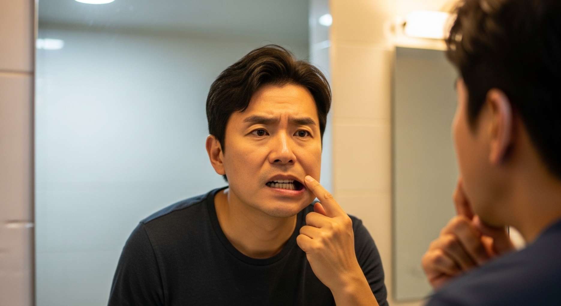 거울을 보며 임플란트 수술 부위의 실밥이 풀려 덜렁거리는 것을 확인하는 환자