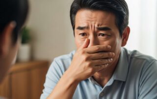 임플란트 부위에서 나는 악취 때문에 대화 중 입을 가리고 고민하는 남성