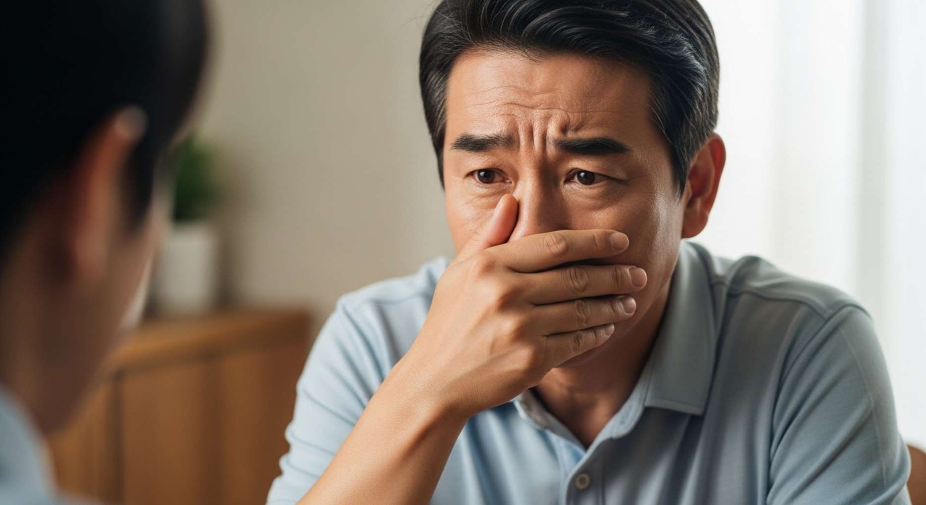 임플란트 부위에서 나는 악취 때문에 대화 중 입을 가리고 고민하는 남성