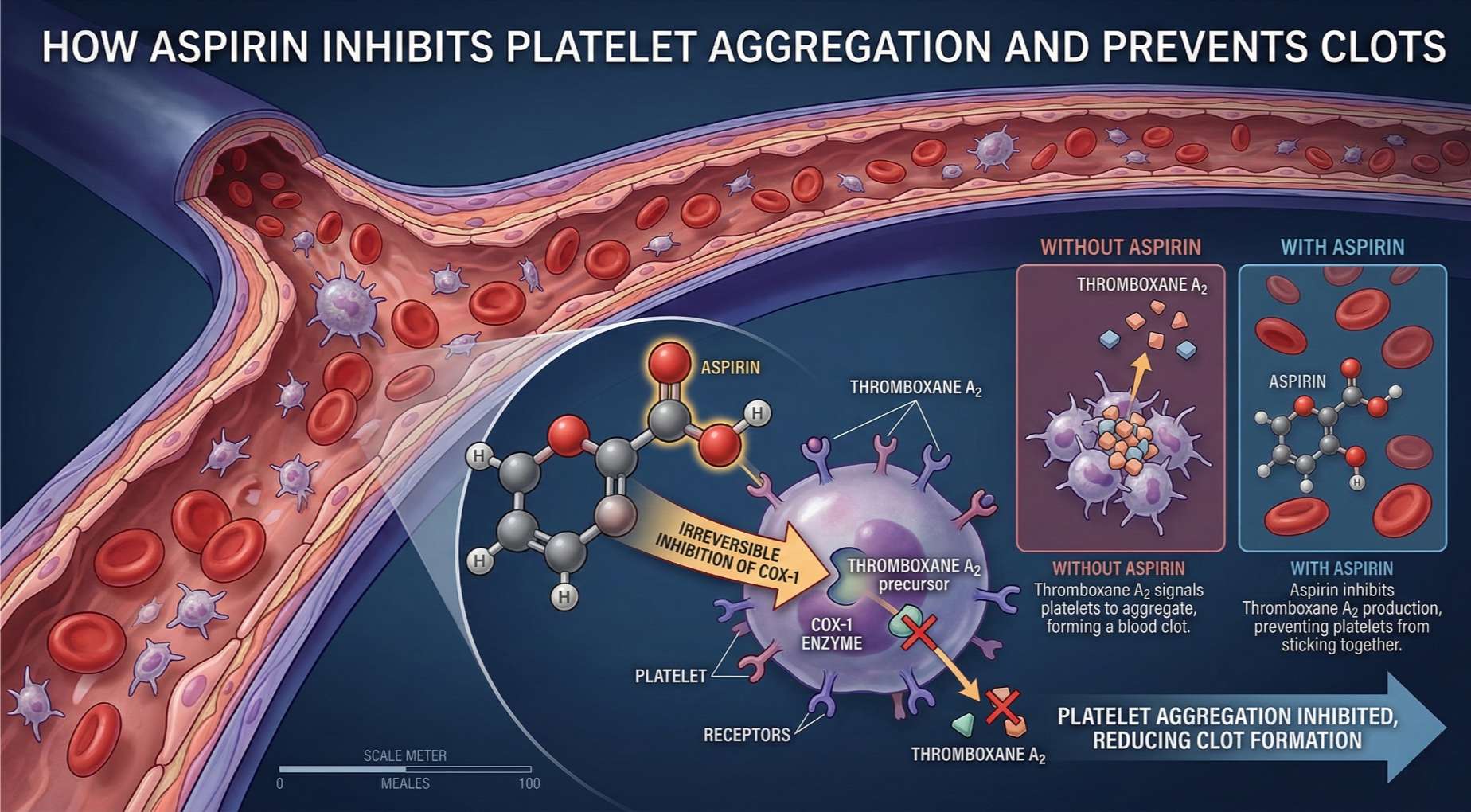 고혈압 임플란트2 아스피린 성분이 혈소판 응집을 막아 혈액 순환을 돕지만 수술 시 지혈을 방해하는 원리를 설명하는 일러스트