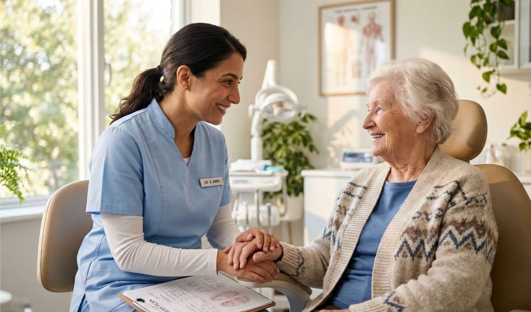 고혈압 임플란트6 수술을 앞두고 긴장한 어르신 환자분을 따뜻하게 안심시켜 드리는 드림연합치과 의료진