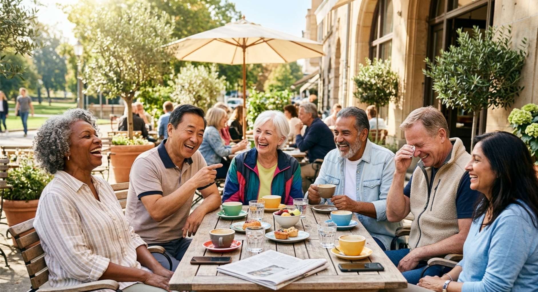 야외 카페에서 여러 노년층 지인들이 즐겁게 대화하며 커피를 마시는 활기찬 모습.