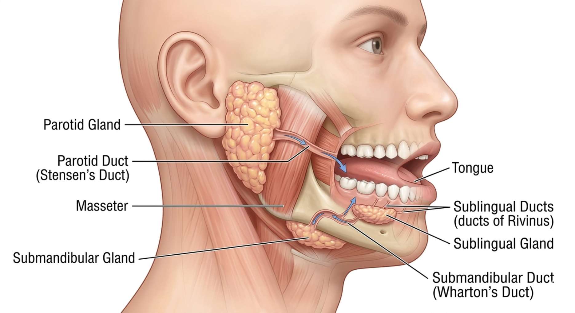 얼굴 옆면의 귀밑샘, 턱밑샘, 혀밑샘 등 주요 침샘의 위치를 보여주는 해부학 일러스트.