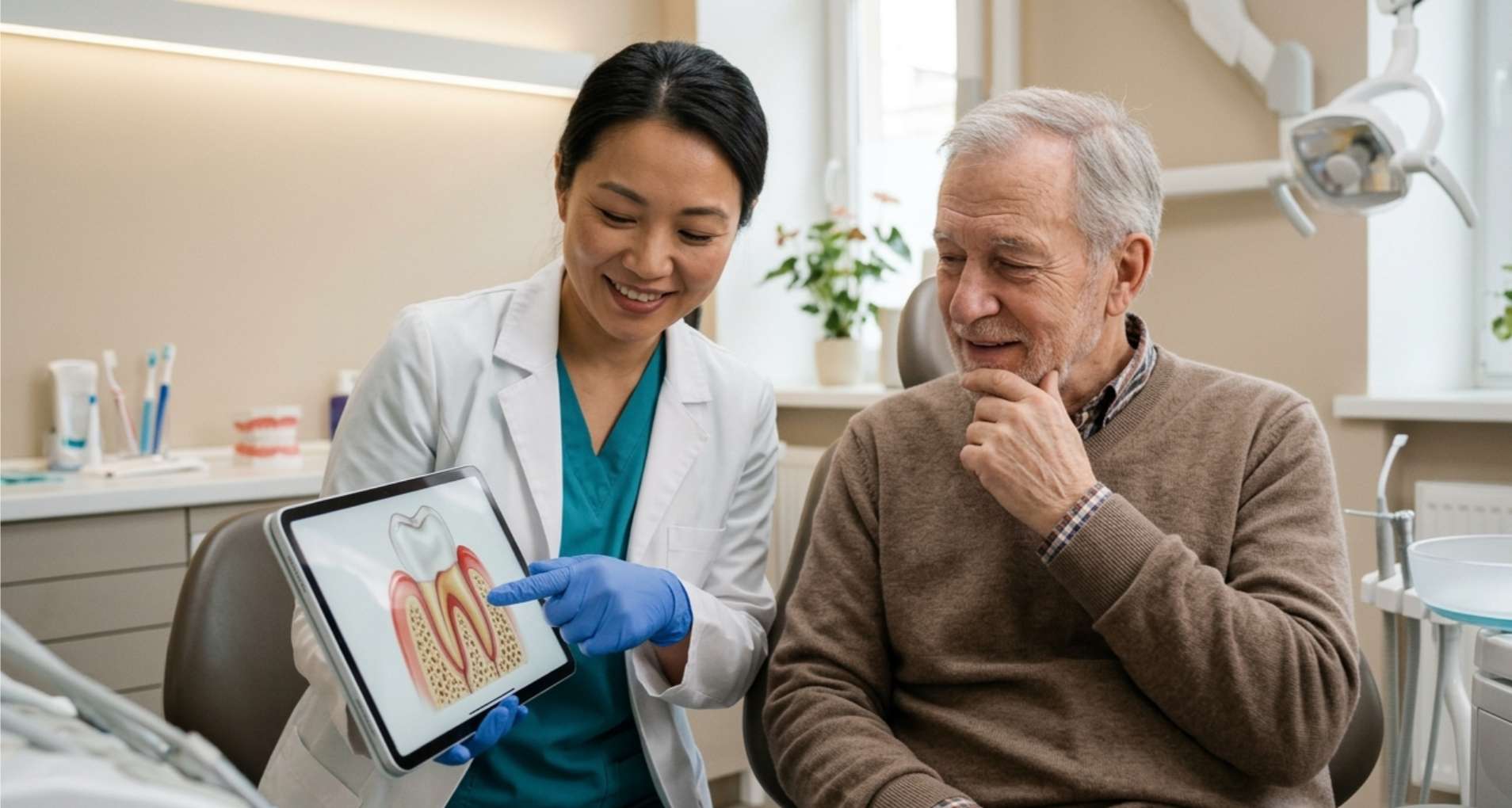 여성 치과 의사가 태블릿 PC를 이용해 고령의 남성 환자에게 잇몸 질환 원리를 설명하는 장면.