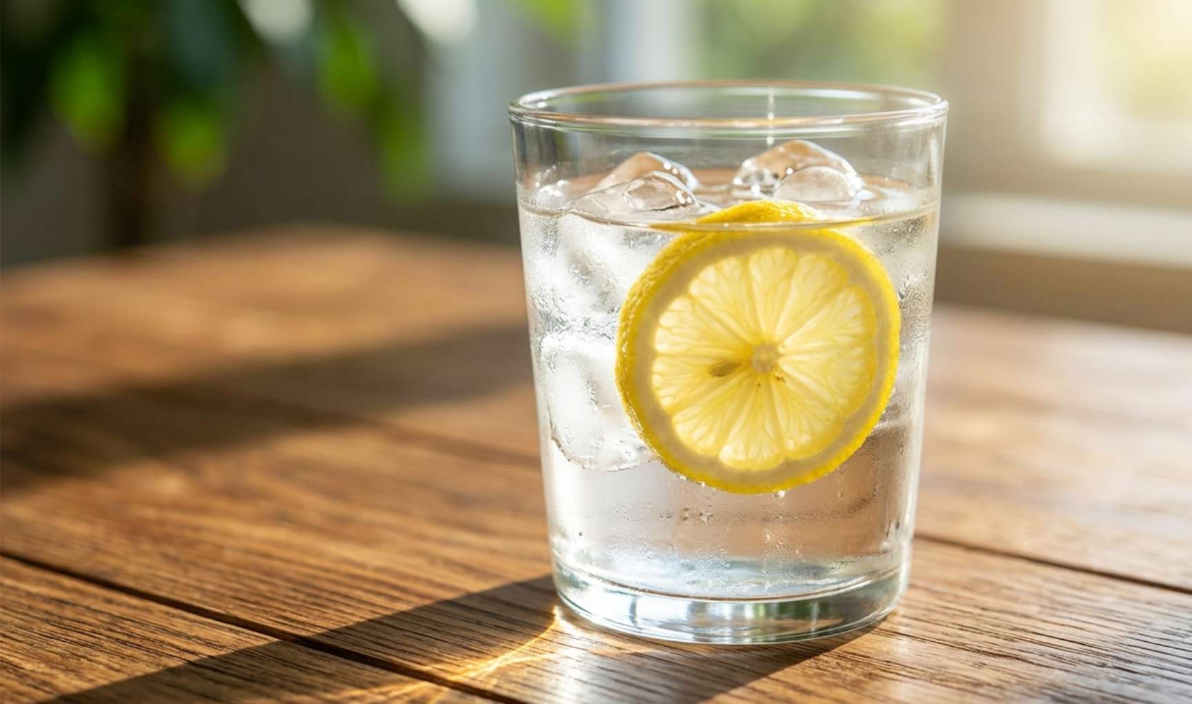 나무 테이블 위에 놓인 레몬 한 조각이 든 상쾌하고 차가운 얼음물 유리잔.