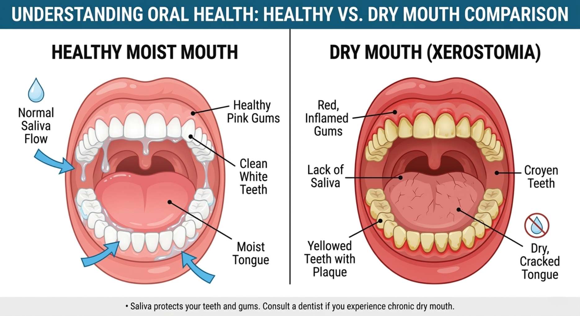 촉촉한 입안(Healthy)과 갈라진 혀/염증 있는 잇몸(Dry Mouth)을 대조한 인포그래픽.