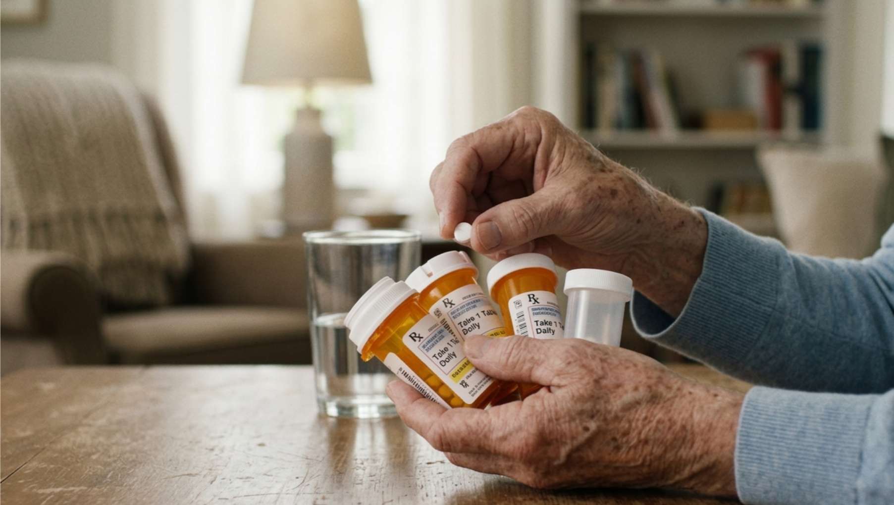 여러 개의 약병을 쥐고 알약을 꺼내는 노인의 거칠고 주름진 손 클로즈업.