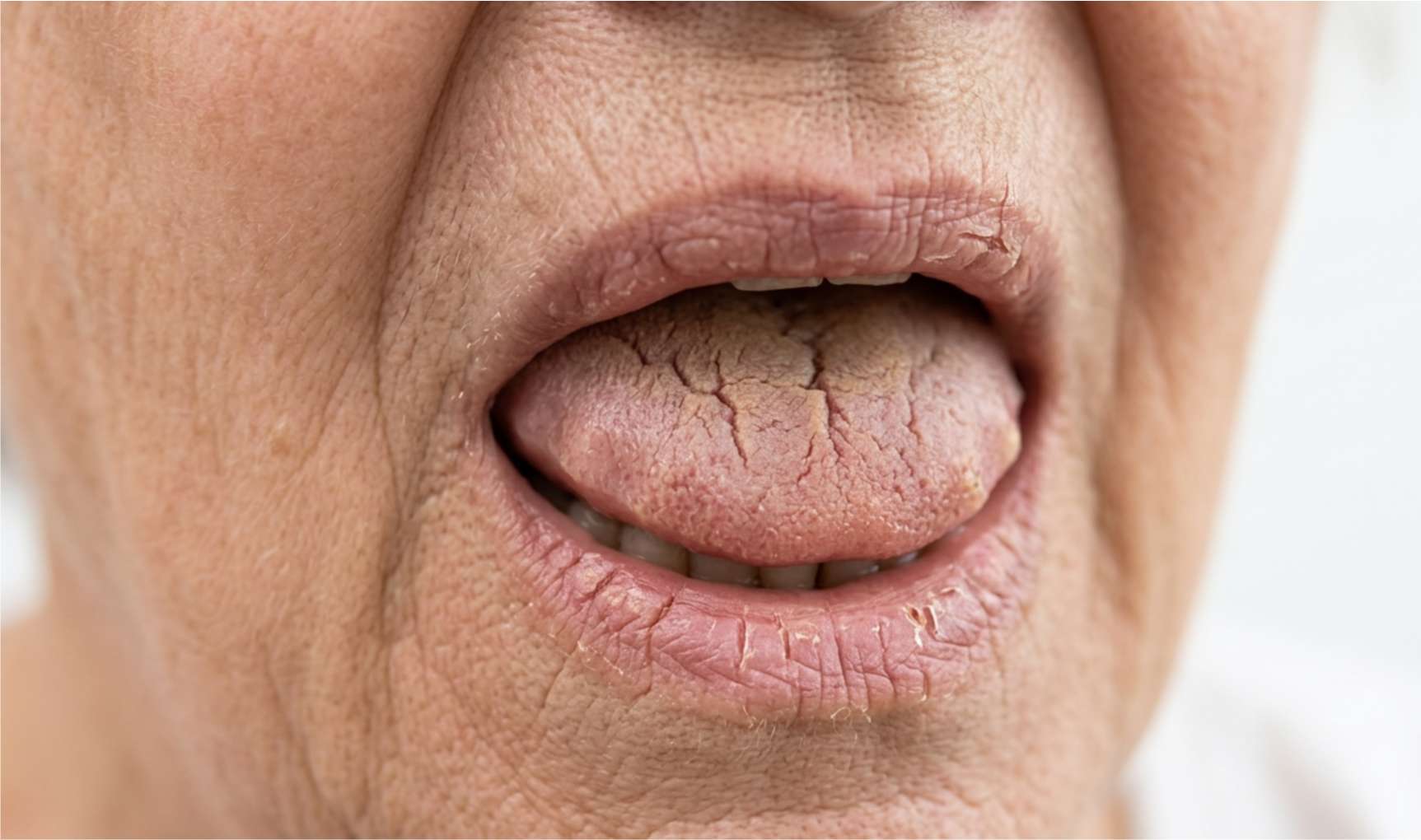 입을 벌렸을 때 혀 표면이 심하게 갈라지고 건조해진 상태를 촬영한 실제 임상 근접 사진.