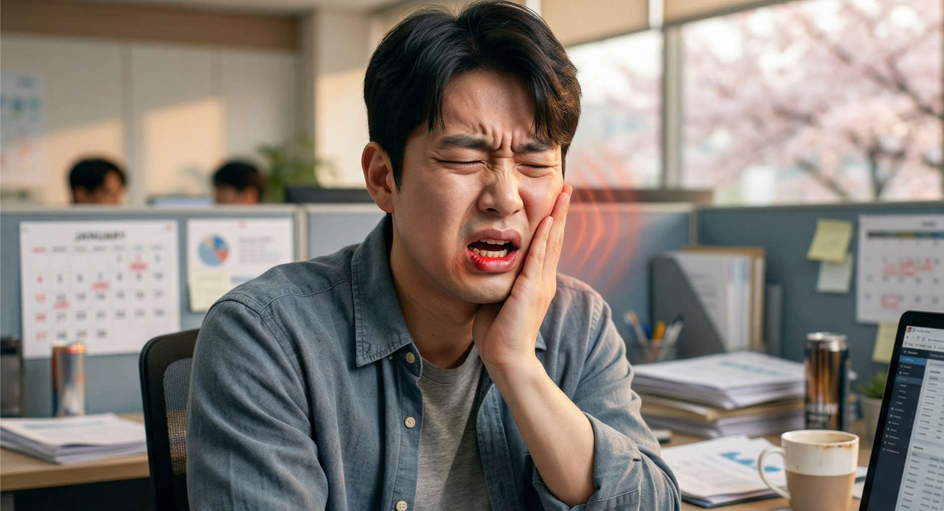 사무실 책상에 앉아 회색 셔츠를 입은 젊은 동양인 남성이 왼손으로 턱과 볼을 감싸 쥐고 극심한 고통에 일그러진 표정을 짓고 있다. 턱과 볼 주위로 붉은색의 동심원 모양 파동이 퍼져 나가는 시각 효과가 있어 심한 통증과 염증을 암시한다.