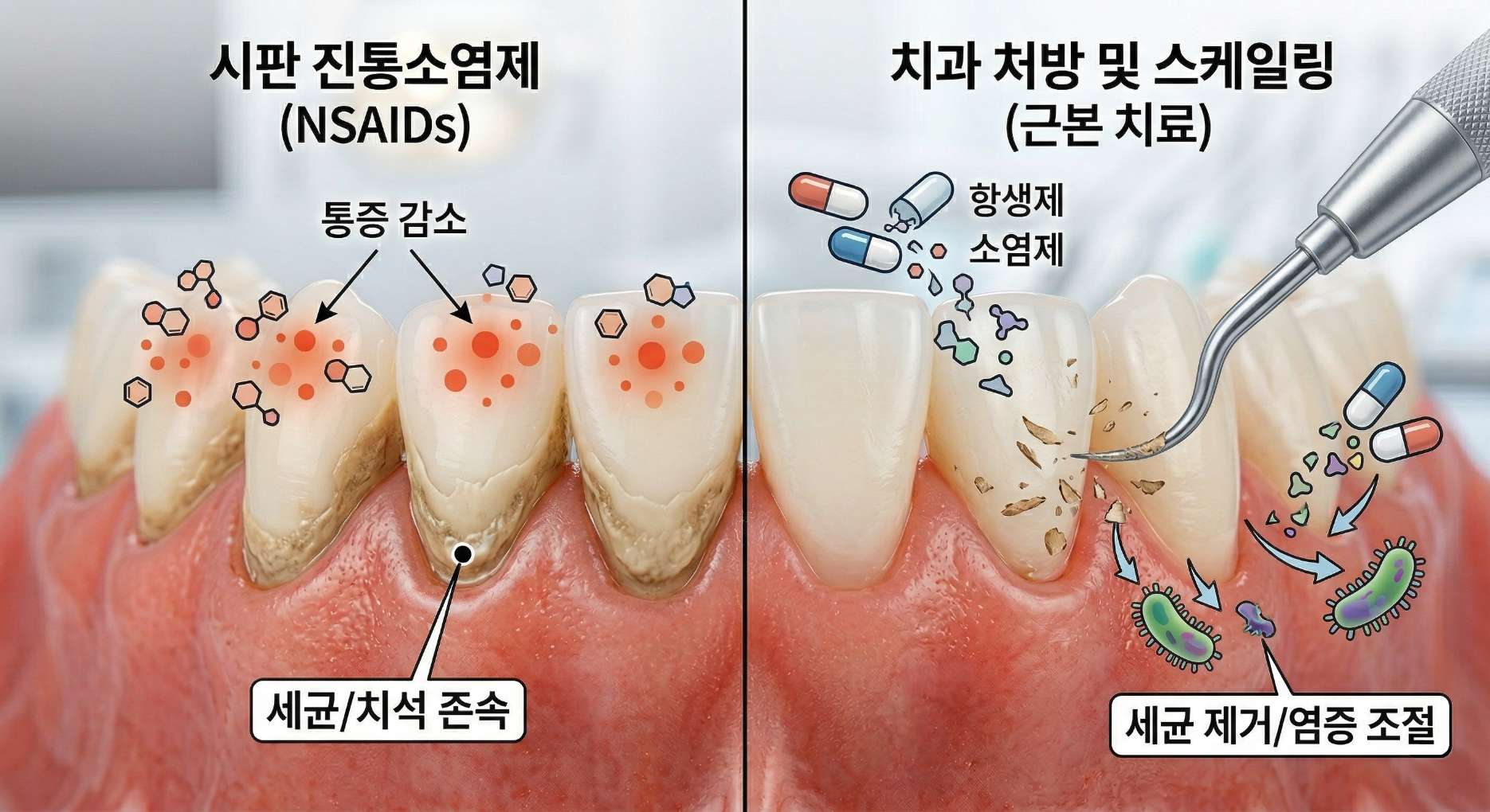 면역력저하성 치은염4 시판 진통소염제(NSAIDs)와 치과 근본 치료를 비교한 인포그래픽. 왼쪽은 진통제로 통증은 줄었지만 치아에 세균과 치석이 그대로 남아있는 모습을 보여주며, 오른쪽은 치과용 스케일러와 처방 약(항생제, 소염제)을 통해 치석을 물리적으로 제거하고 세균을 박멸하여 염증을 조절하는 과정을 대조하여 설명하고 있다.