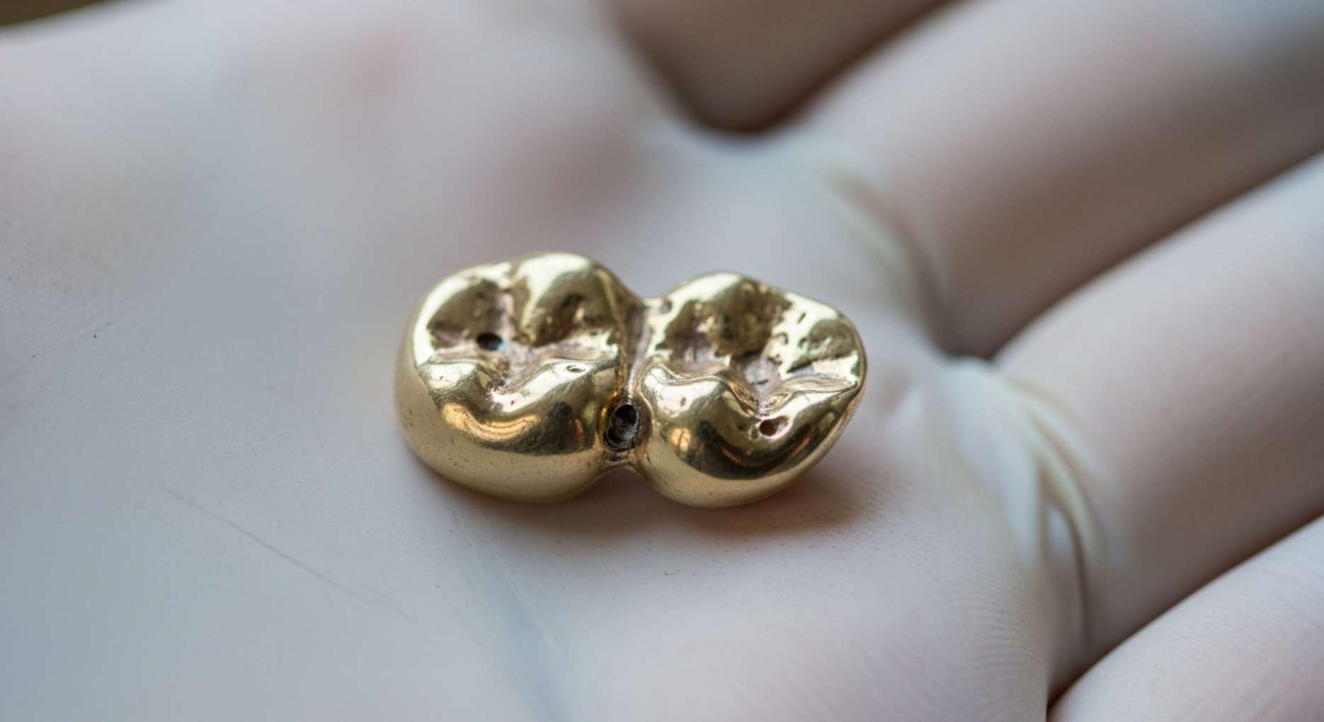 노후화되어 표면에 구멍이 나고 마모된 오래된 금니 보철물