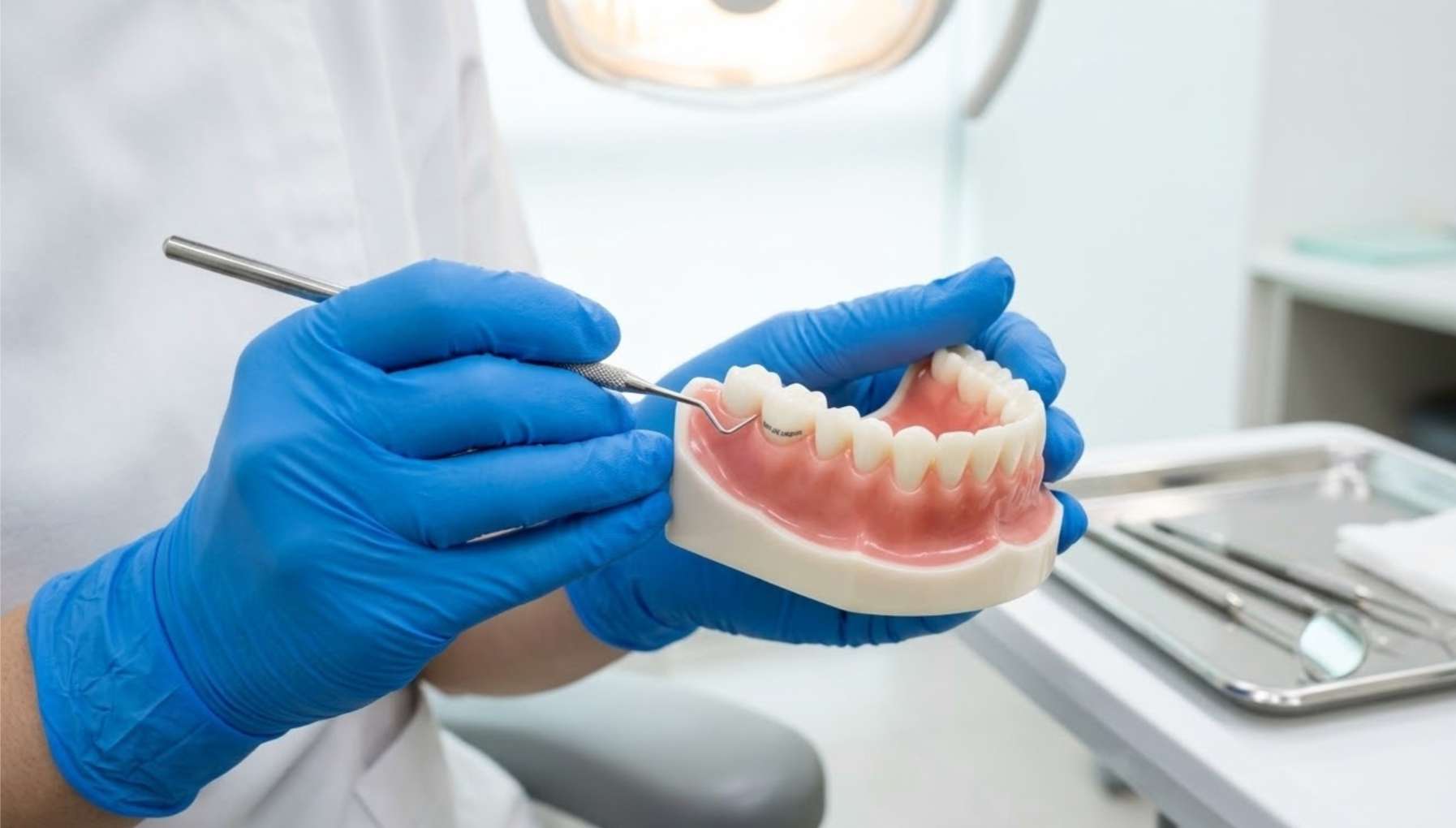 치아 모형을 들고 크라운 보철물 주변 치실 사용법을 안내하는 치과 위생사