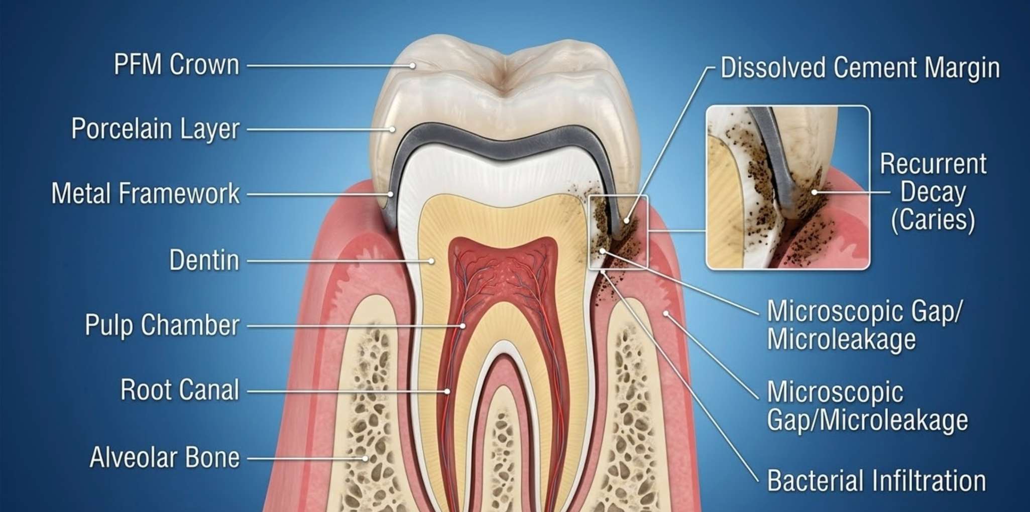 오래된 크라운 내부 접착제가 녹아 2차 충치가 생기는 과정을 보여주는 3D 일러스트