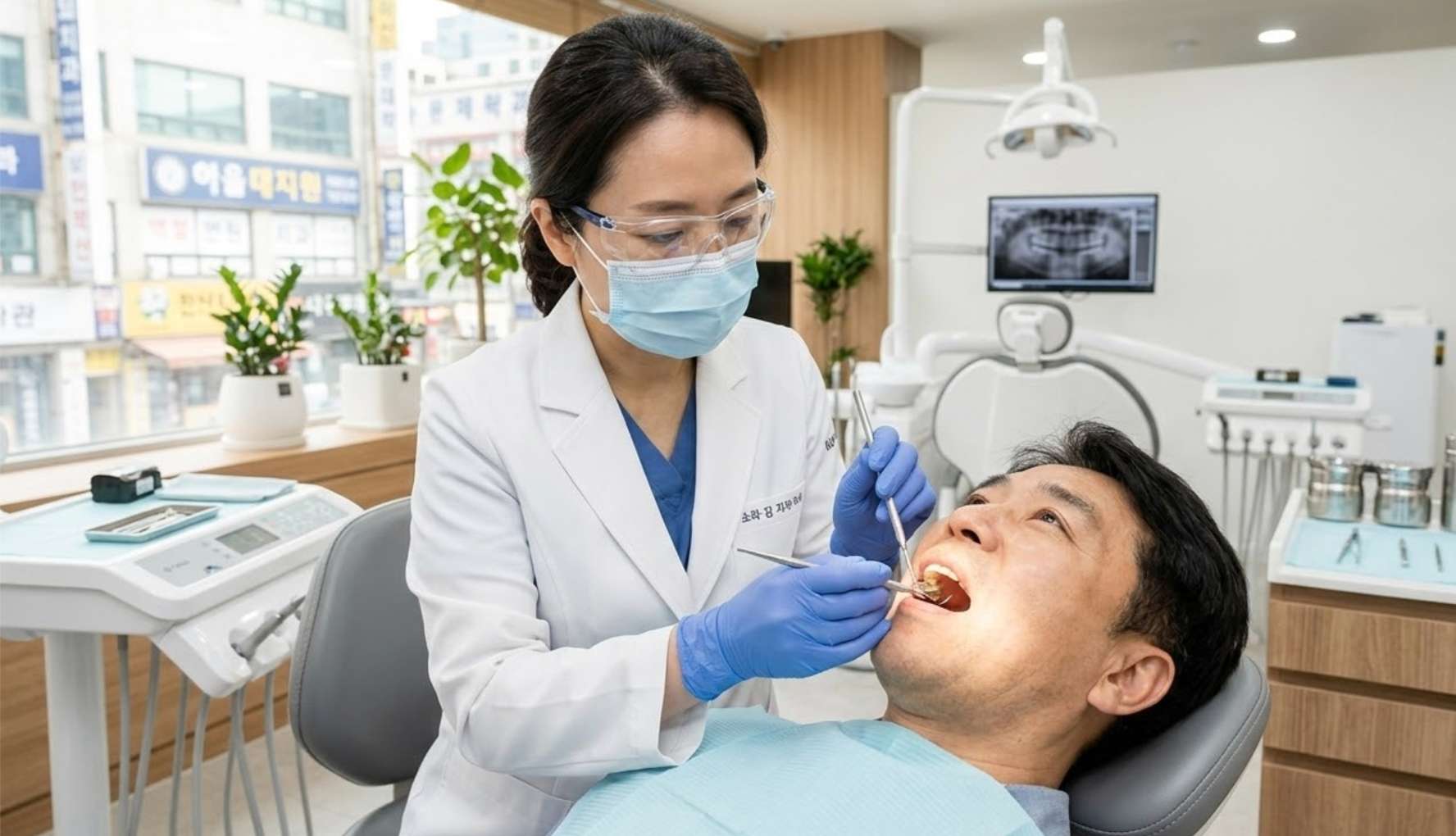 탐침과 치과 거울을 이용해 크라운 보철물의 경계부를 세밀하게 검진하는 울산 치과 의사