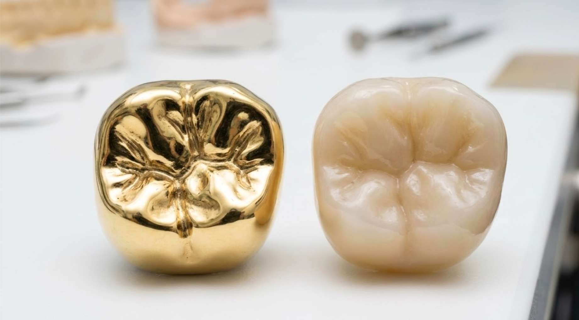 골드 크라운과 치아색 지르코니아 크라운의 비교 컷