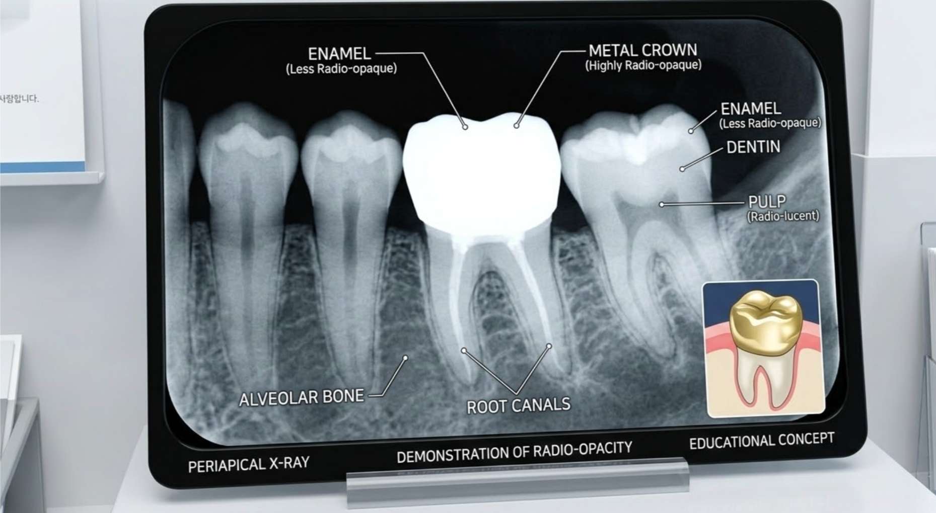 금속 보철물이 하얗게 나타나 내부 충치가 보이지 않는 치과 엑스레이 3D 일러스트