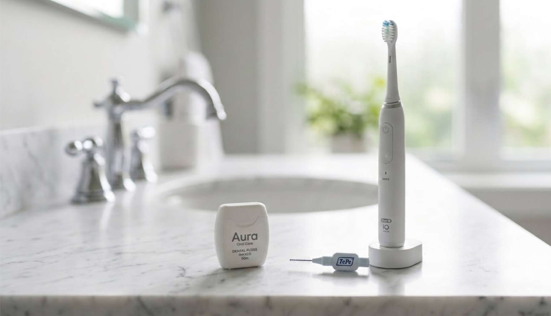 대리석 세면대 위에 깔끔하게 놓인 치실, 치간 칫솔, 양치 도구