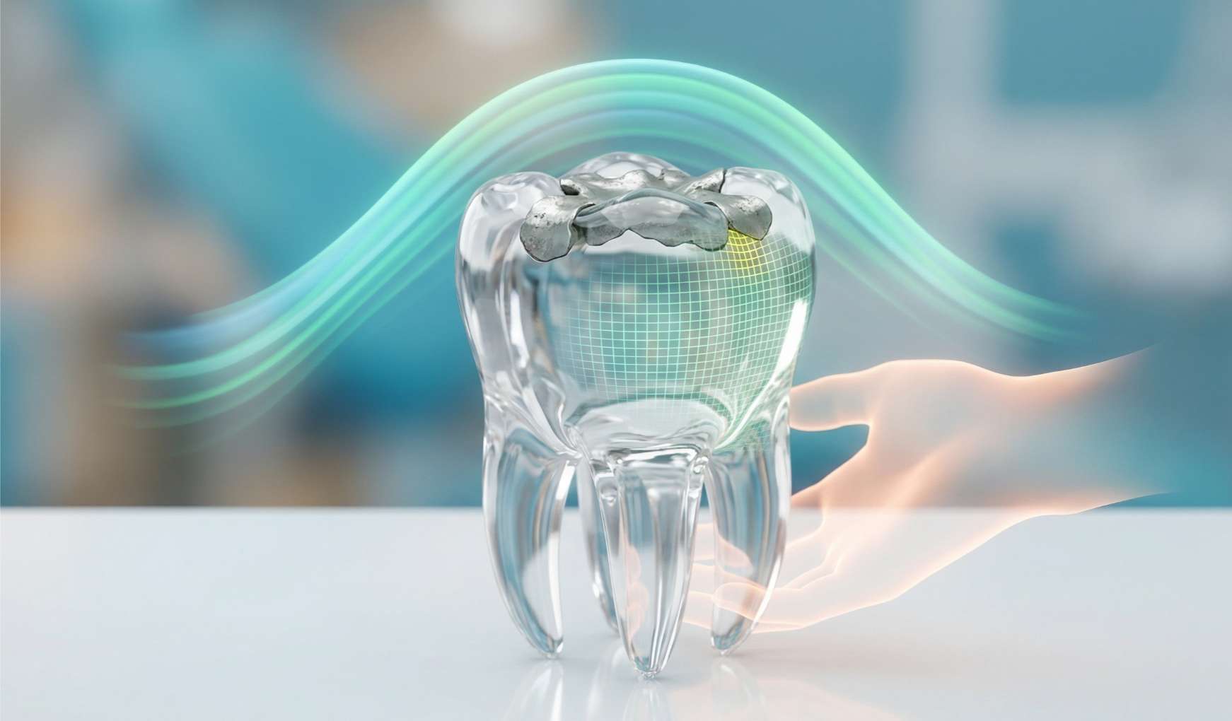 치과 진료실 배경의 책상 위에 있는 투명한 유리 어금니 모형. 윗면의 금속 충전물 아래로 격자 무늬 빛이 투사되고 있으며, 청록색 에너지 파동이 어금니를 감싸고 오른쪽에서 투명한 손이 받치고 있다