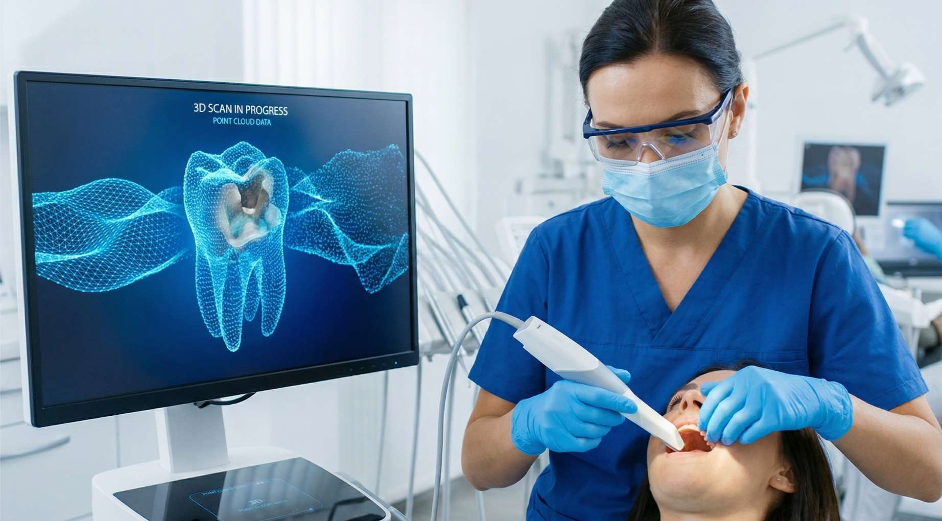 오차 없는 보철물 제작을 위해 디지털 3D 구강 스캐너로 치아를 촬영하는 과정