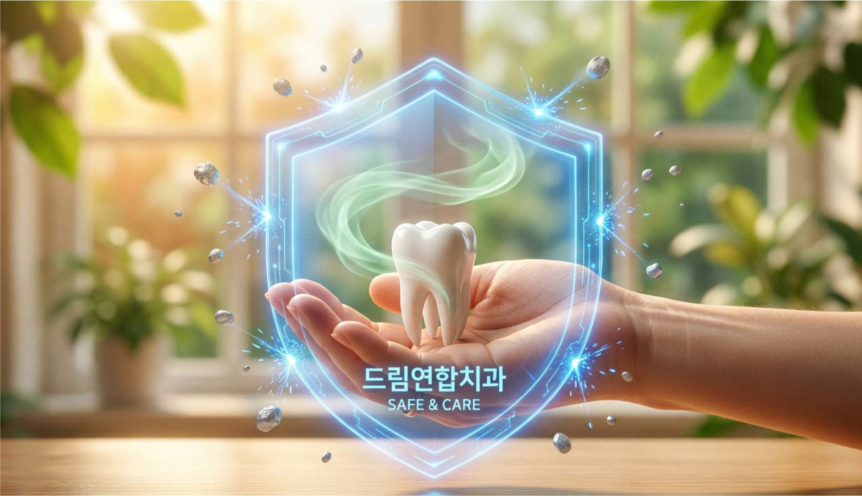 수은 위험으로부터 환자의 치아와 전신 건강을 안전하게 지키겠다는 드림연합치과의 안심 시스템 상징