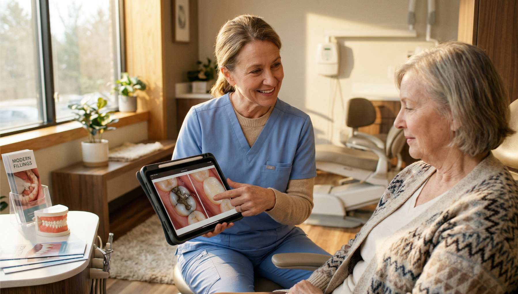 울산 삼산동 드림연합치과 원장님이 환자의 구강 사진을 보며 정직하게 상담하는 모습
