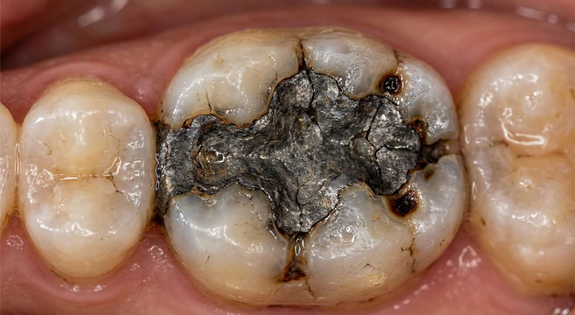 울산 삼산동 치과 환자의 어금니에 있는 부식되고 틈이 벌어진 오래된 아말감 근접 사진