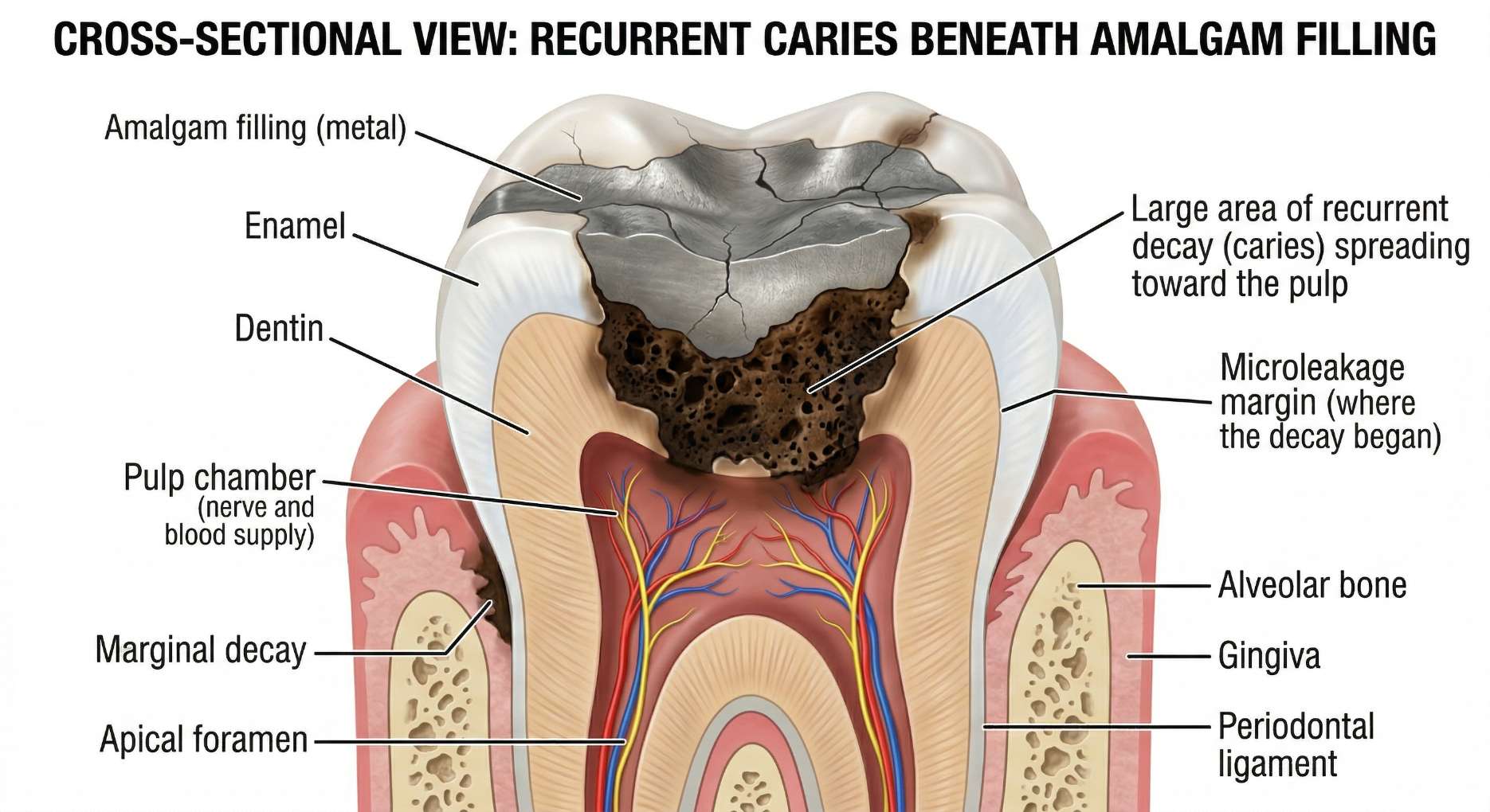 아말감 아래쪽으로 엑스레이로도 잘 보이지 않게 진행된 2차 충치 단면도