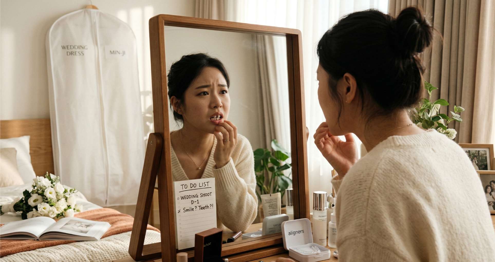 웨딩 촬영 D-1이라는 메모가 붙은 거울 앞에서 자신의 앞니를 살피며 심각한 표정을 짓고 있는 여성