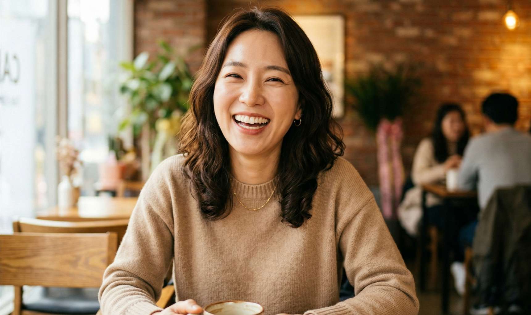 앞니 레진 치료 결과를 보여주며 카페에서 밝게 웃는 한국 여성의 사진. 그녀의 고르고 건강한 치아가 돋보인다.