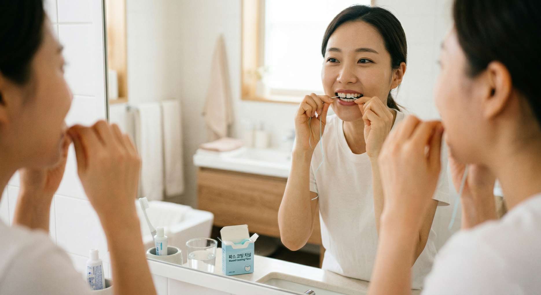 화장실 거울 앞에서 환하게 웃으며 치실을 사용하여 치아 사이를 청소하는 여성