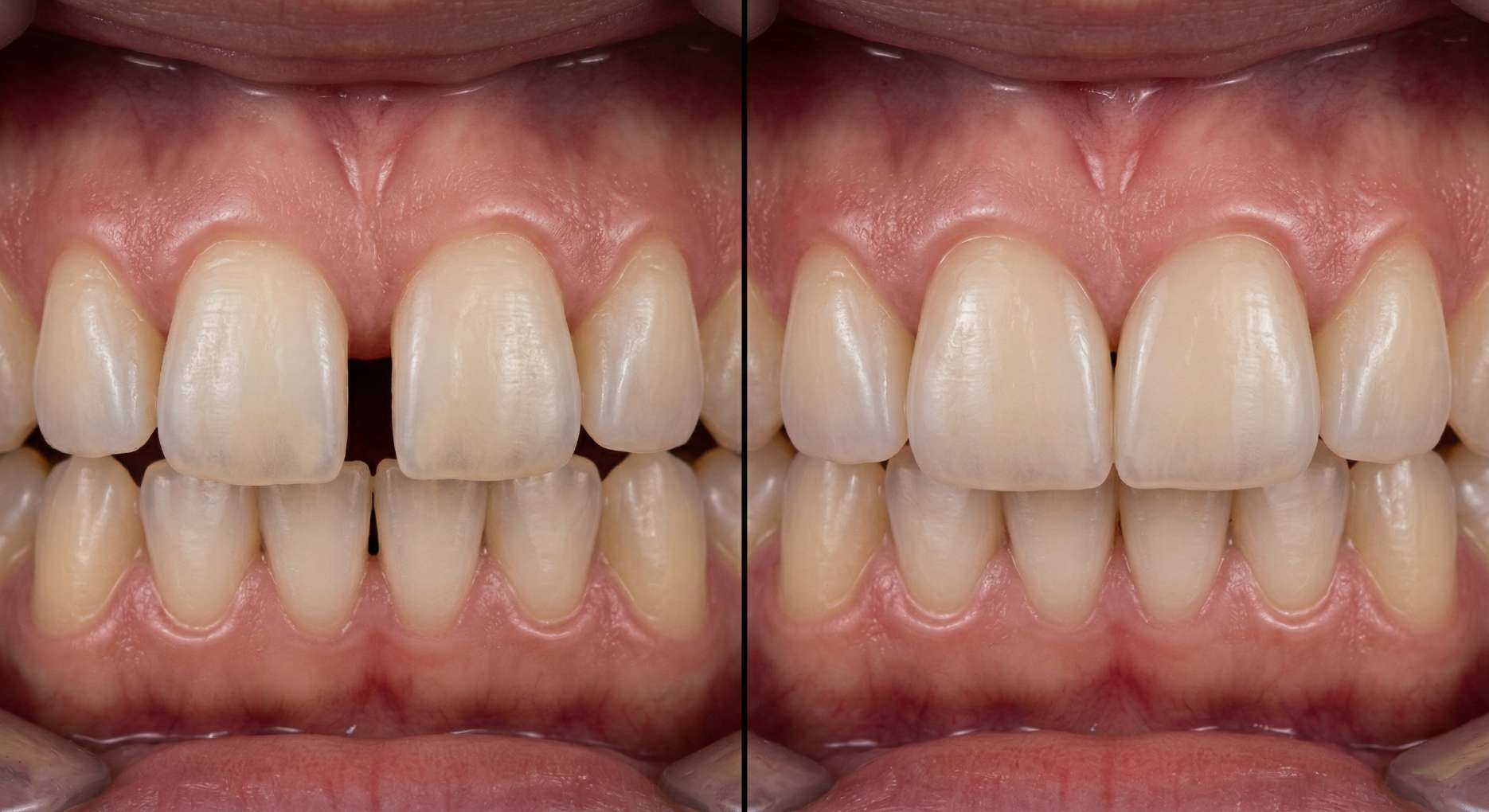 벌어진 앞니 사이의 틈을 레진으로 메운 치료 전과 치료 후의 구강 클로즈업 비교 사진