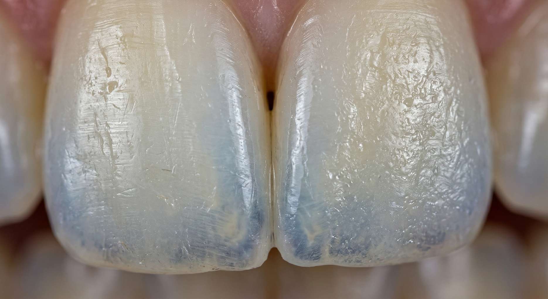 자연 치아의 미세한 세로줄 무늬 굴곡과 끝부분의 투명함이 정교하게 표현된 치아 표면 초접사 사진