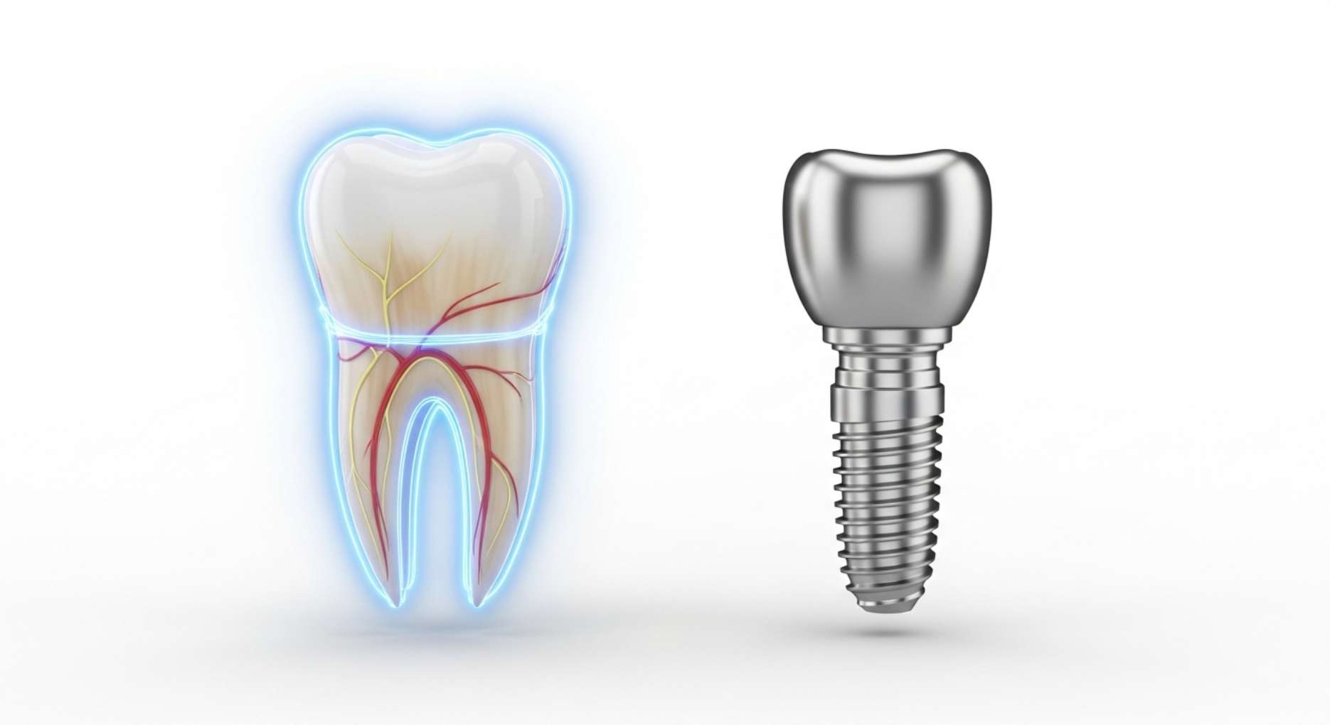 돋보기로 자연치아의 내부 신경 구조와 임플란트의 금속 구조를 비교하여 보여주는 3D 일러스트.