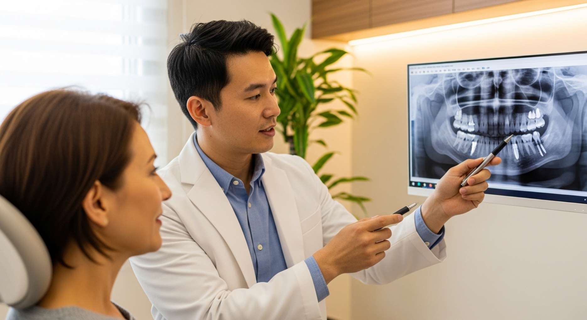 남자 치과 의사가 파노라마 엑스레이 화면에 나타난 임플란트 식립 상태를 펜으로 가리키며 여성 환자에게 설명하는 장면.