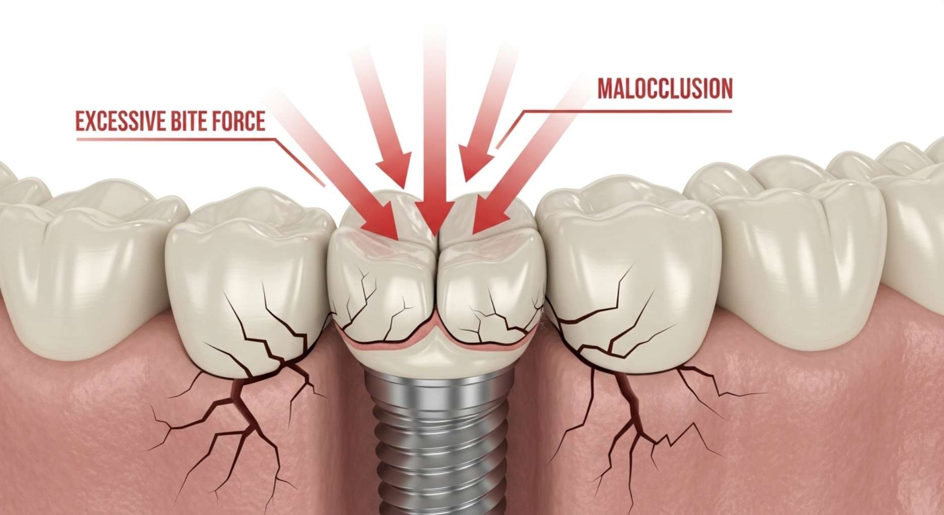 어금니 임플란트에 붉은 화살표(EXCESSIVE BITE FORCE)가 집중되면서 보철물과 주변 치아에 금이 가는 현상을 묘사한 3D 그래픽.