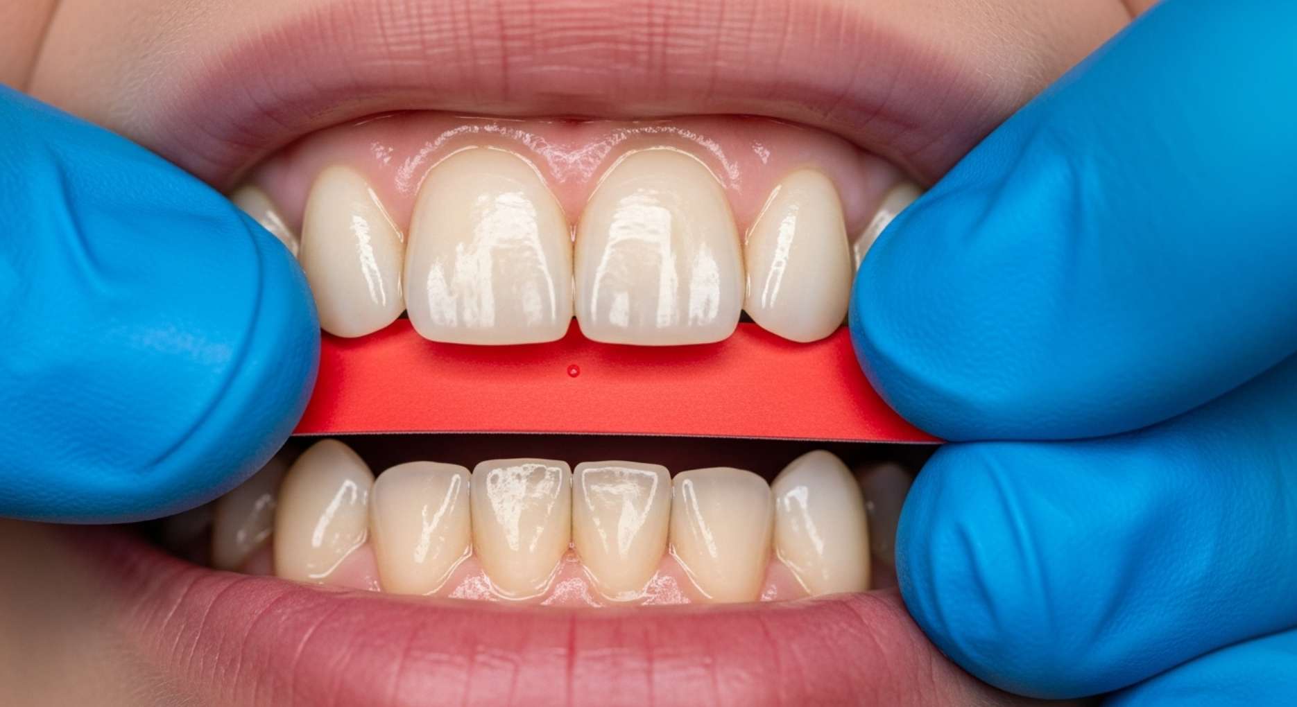 치과 의료진이 빨간색 교합지(articulation paper)를 환자의 앞니 사이에 대고 맞물림 상태를 확인하는 실제 임상 장면.