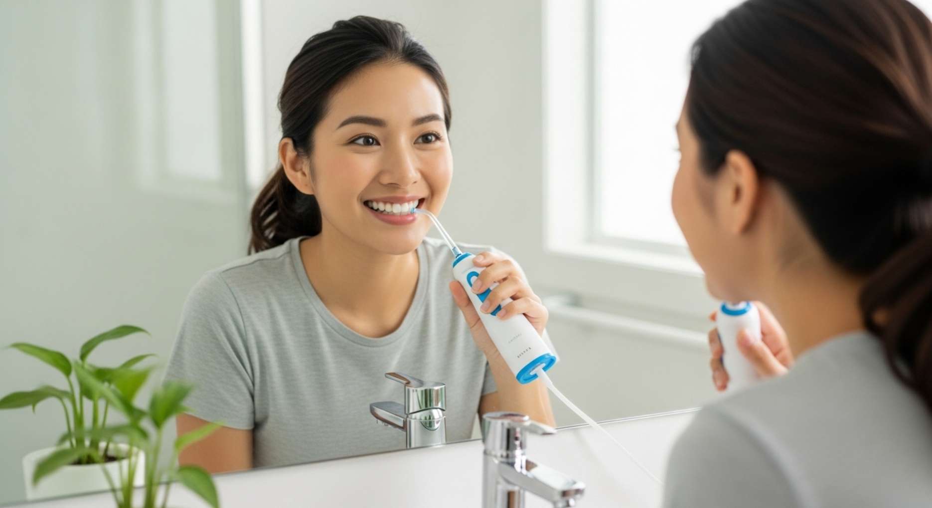 거울 앞에서 밝게 웃으며 워터픽(구강세정기)을 사용하여 치아 사이를 청소하고 있는 여성의 상쾌한 모습.