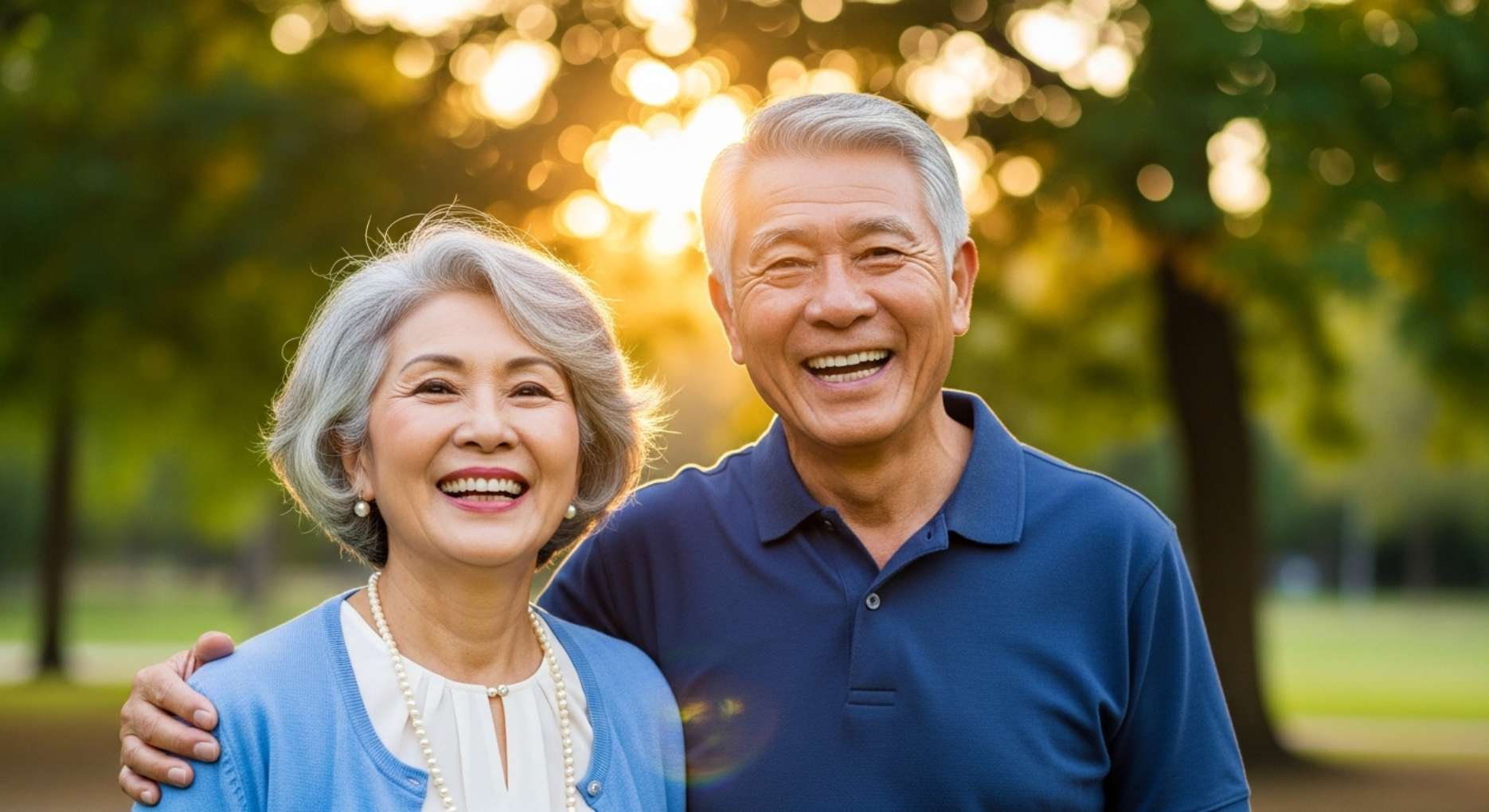야외 공원에서 환하게 웃고 있는 건강하고 인자한 인상의 고령 아시아인 부부의 모습.