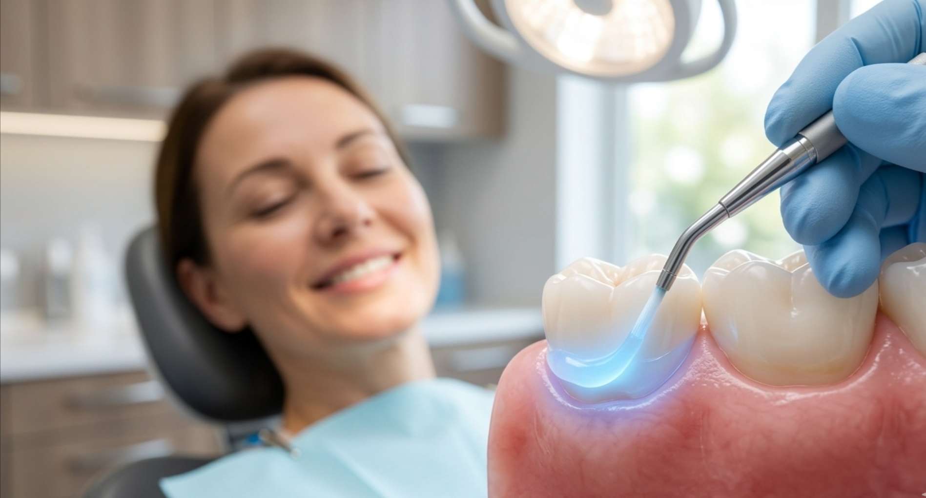 지각과민처치10 울산 치과 환자의 시린 이 증상 완화를 위해 미세 구멍을 막아주는 푸른색 보호막 코팅제 도포 모습