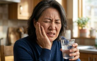 울산 남구 삼산동 치과 환자가 찬물을 마신 후 이가 시린 통증으로 얼굴을 찌푸리며 볼을 감싸 쥐는 리얼한 근접 사진